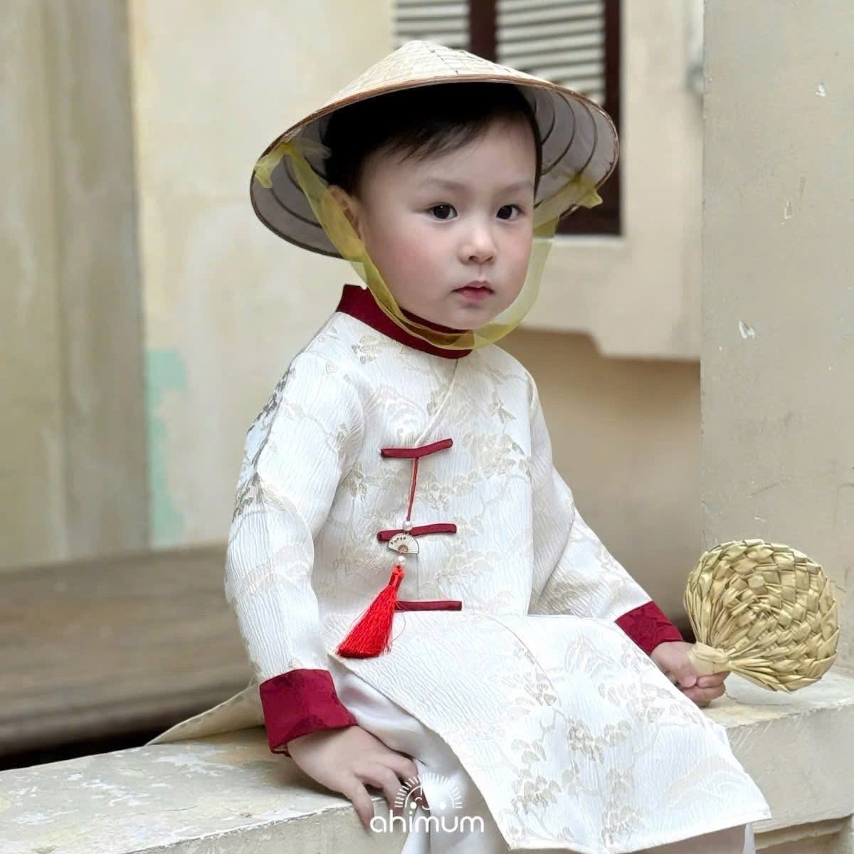 T091 - SET ÁO DÀI BÉ TRAI VÂN LỤA PHỐI ĐỎ TRẮNG