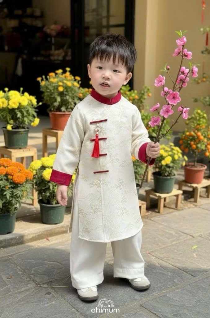 T091 - SET ÁO DÀI BÉ TRAI VÂN LỤA PHỐI ĐỎ TRẮNG