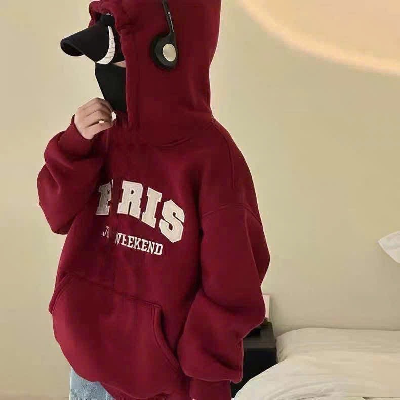 AB858 - ÁO BÉ NỈ HOODIE MŨ ĐỎ THÊU ĐẮP PARIS