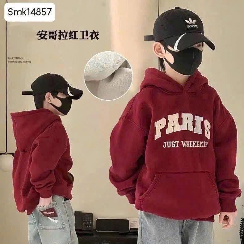 AB858 - ÁO BÉ NỈ HOODIE MŨ ĐỎ THÊU ĐẮP PARIS