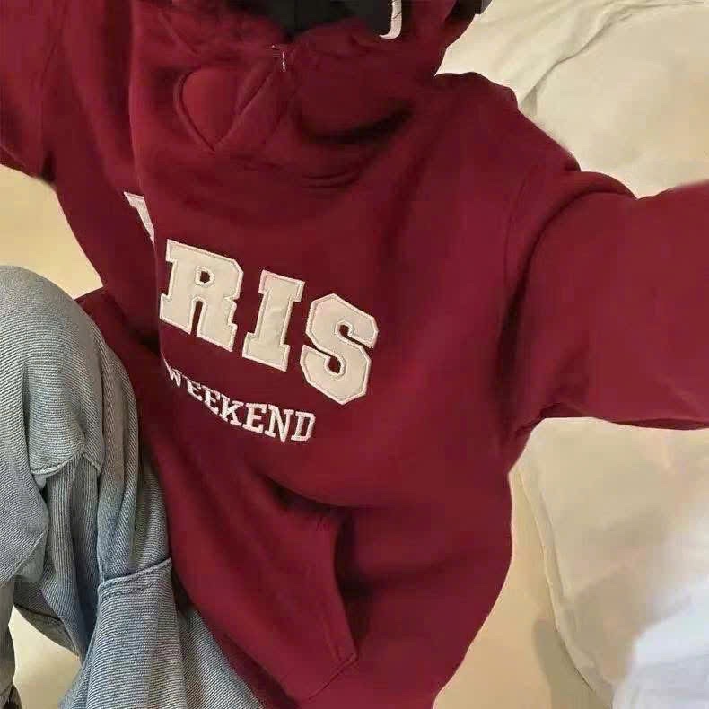 AB858 - ÁO BÉ NỈ HOODIE MŨ ĐỎ THÊU ĐẮP PARIS