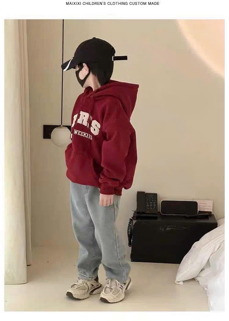 AB858 - ÁO BÉ NỈ HOODIE MŨ ĐỎ THÊU ĐẮP PARIS