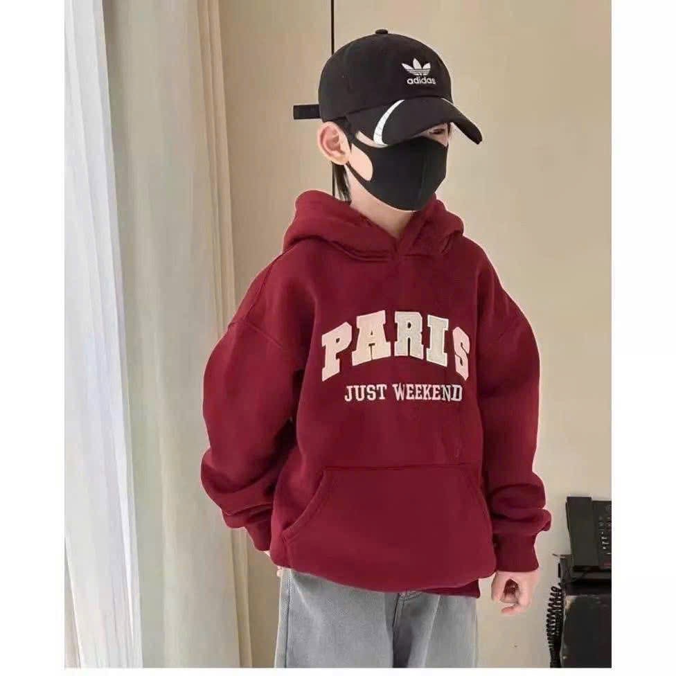 AB858 - ÁO BÉ NỈ HOODIE MŨ ĐỎ THÊU ĐẮP PARIS