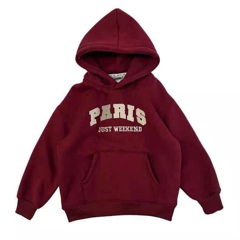 AB858 - ÁO BÉ NỈ HOODIE MŨ ĐỎ THÊU ĐẮP PARIS