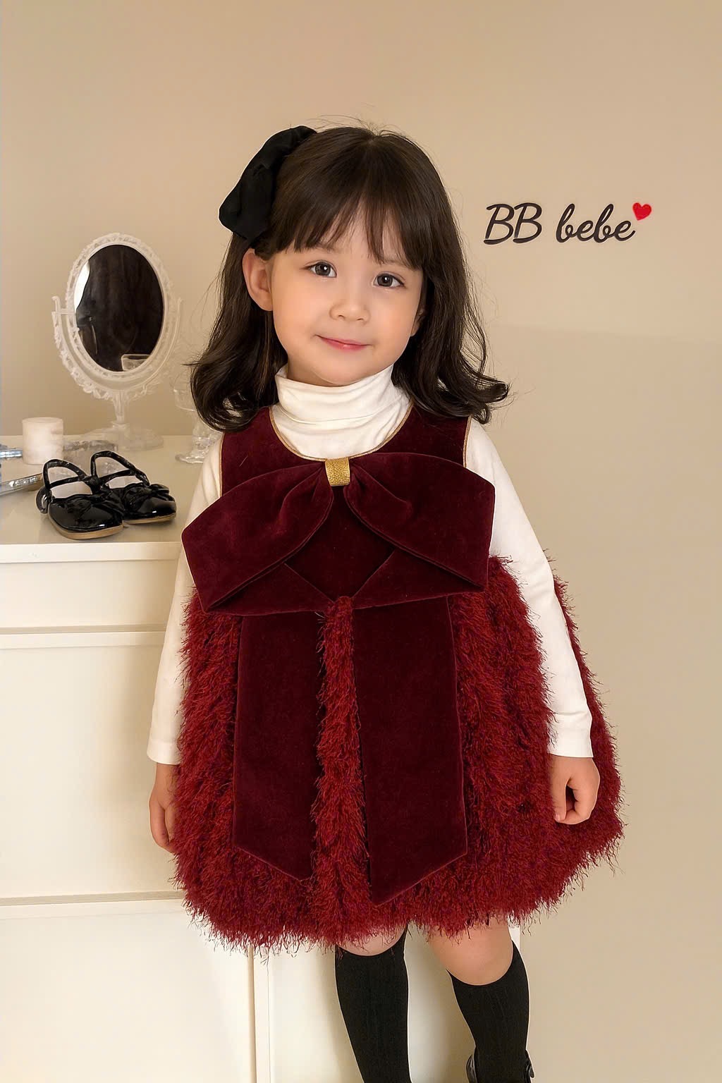VB556 - VÁY BÉ GÁI NHUNG ĐỎ NƠ TO BỒNG