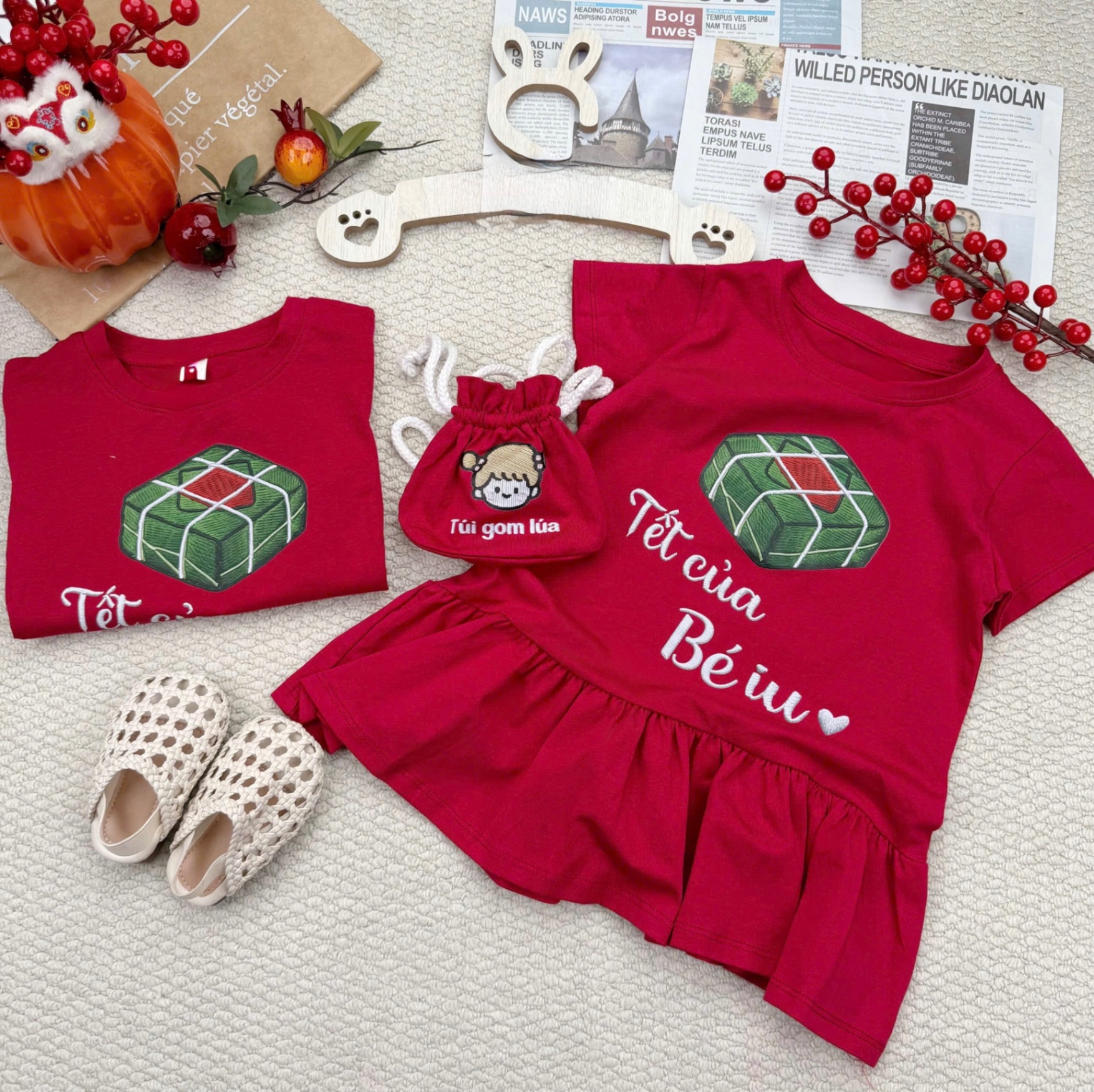 G879 - SET BÉ CỘC TAY ĐỎ Tết của bé iu KÈM TÚI