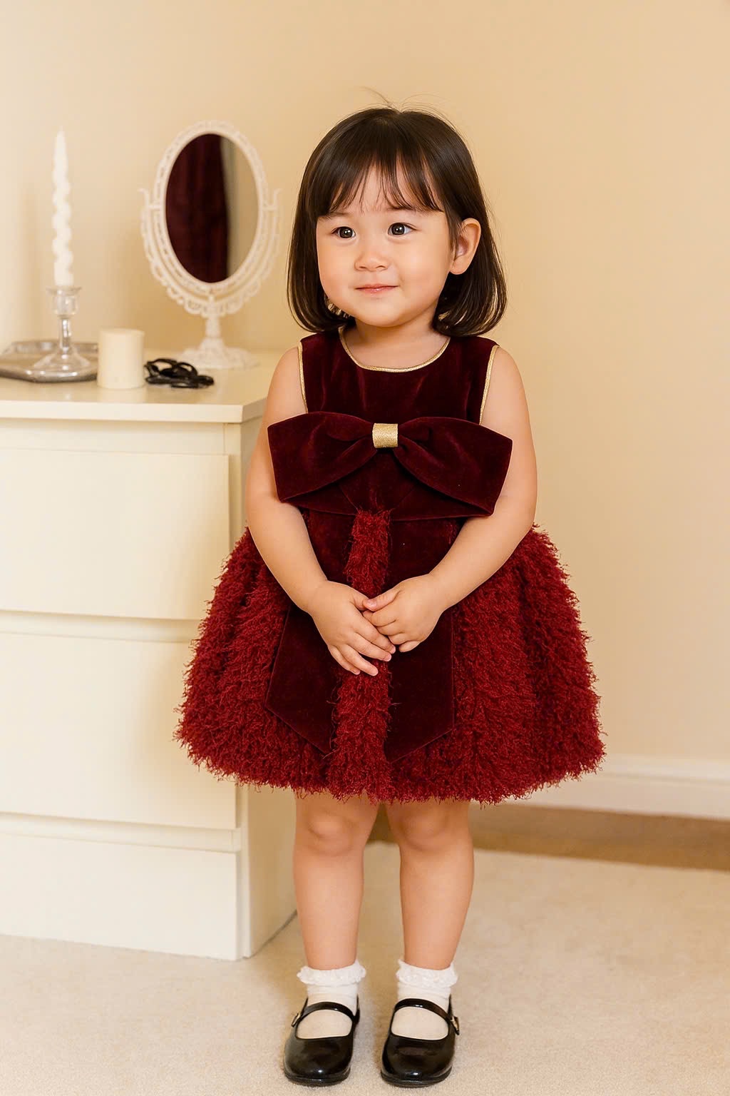 VB556 - VÁY BÉ GÁI NHUNG ĐỎ NƠ TO BỒNG