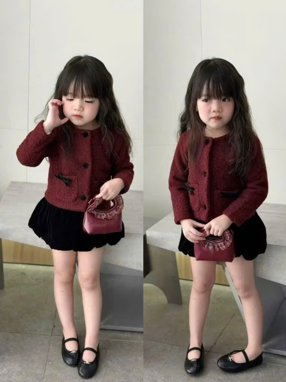 G878 - SET BÉ GÁI ÁO DẠ ĐỎ QUẦN BÍ ĐEN