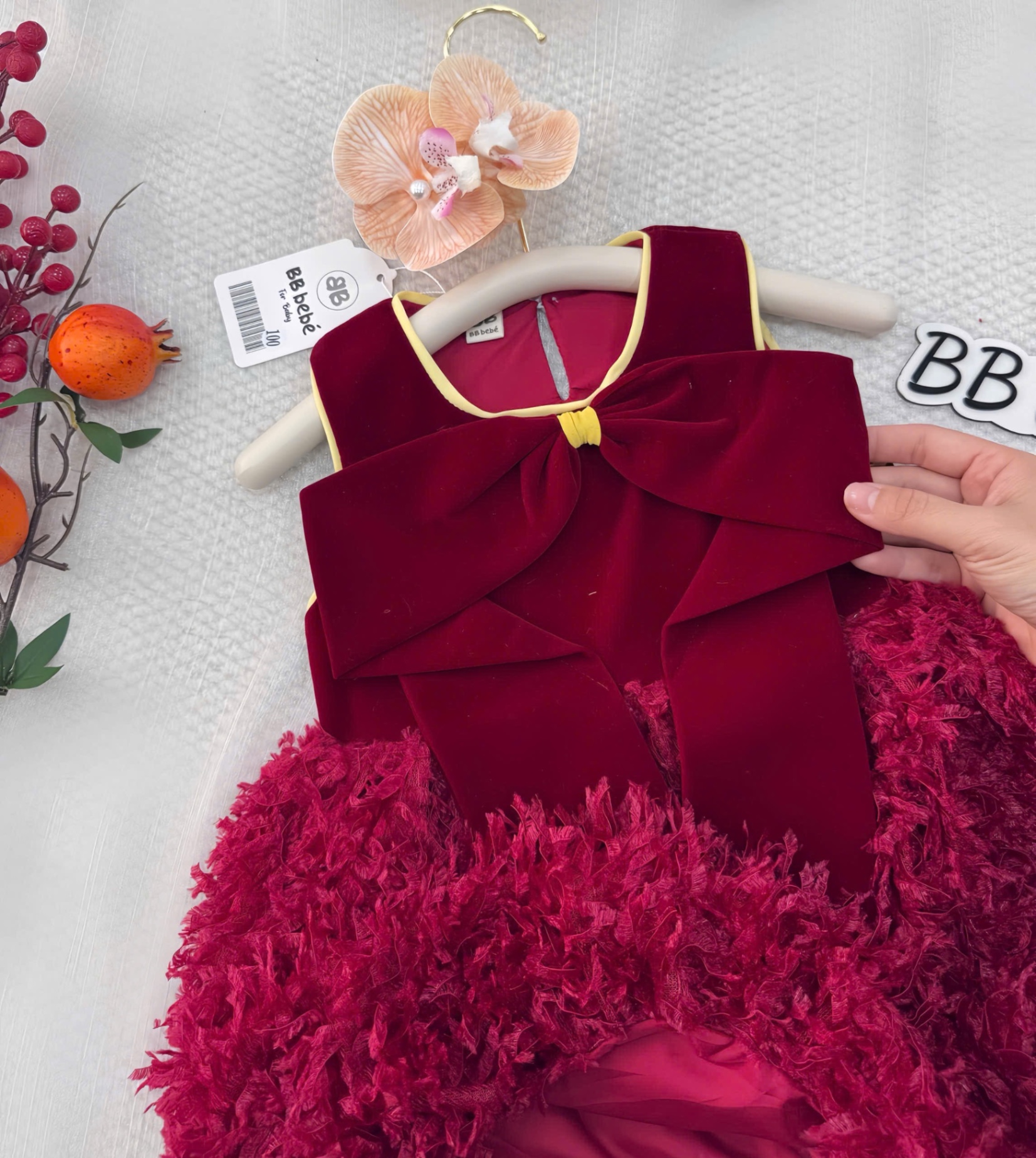 VB556 - VÁY BÉ GÁI NHUNG ĐỎ NƠ TO BỒNG
