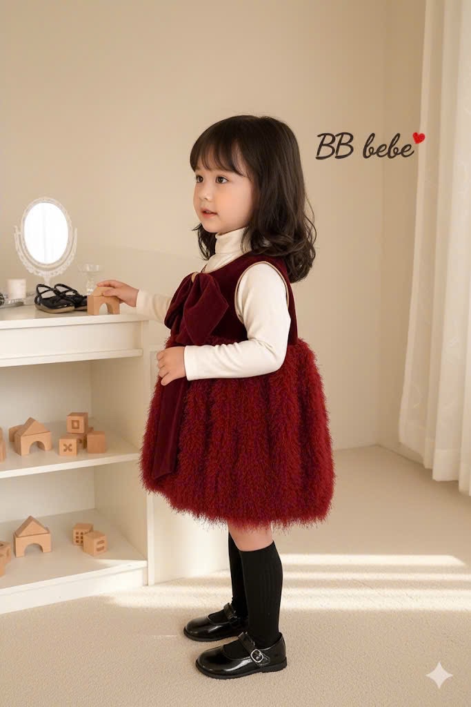 VB556 - VÁY BÉ GÁI NHUNG ĐỎ NƠ TO BỒNG