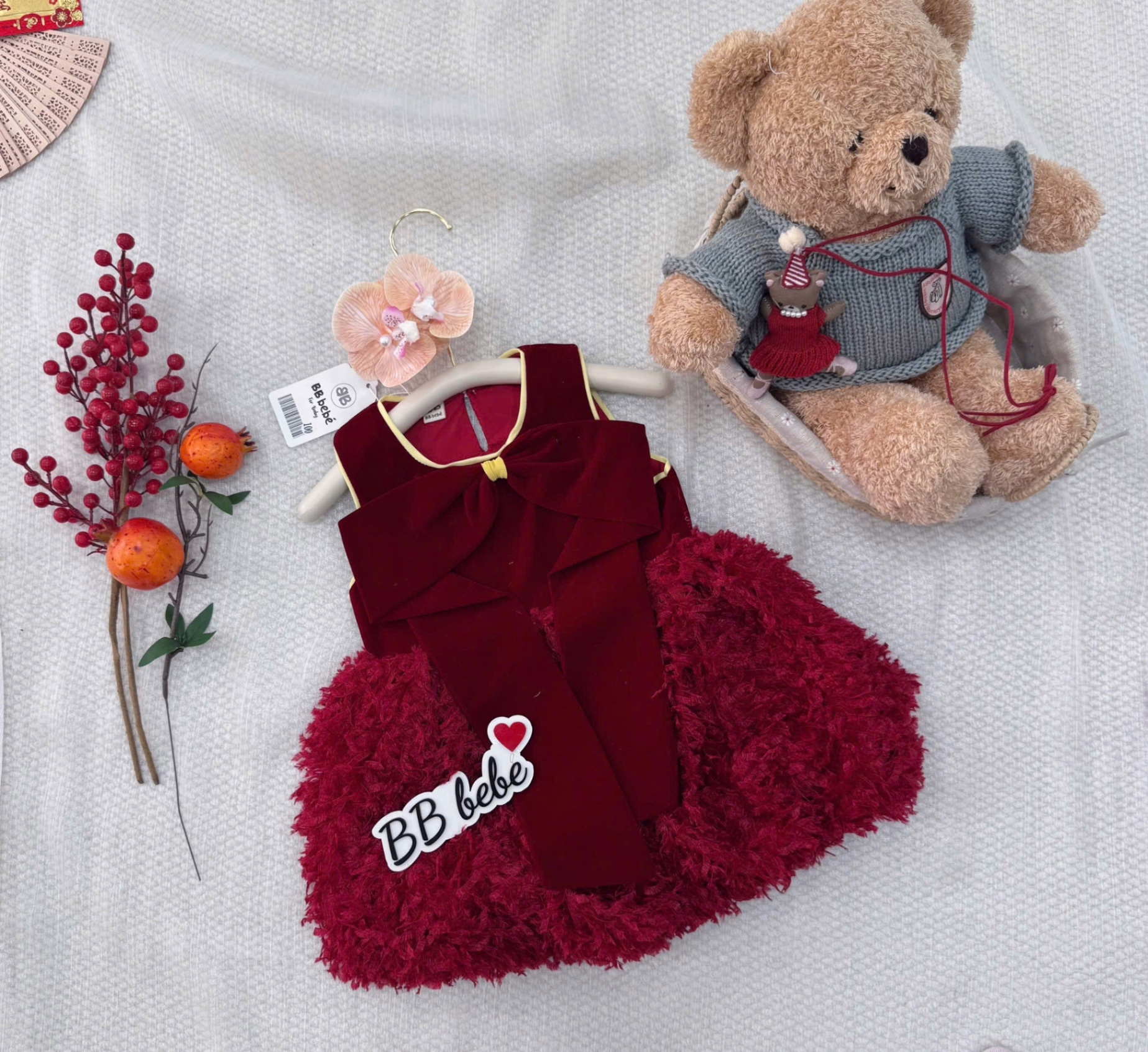 VB556 - VÁY BÉ GÁI NHUNG ĐỎ NƠ TO BỒNG