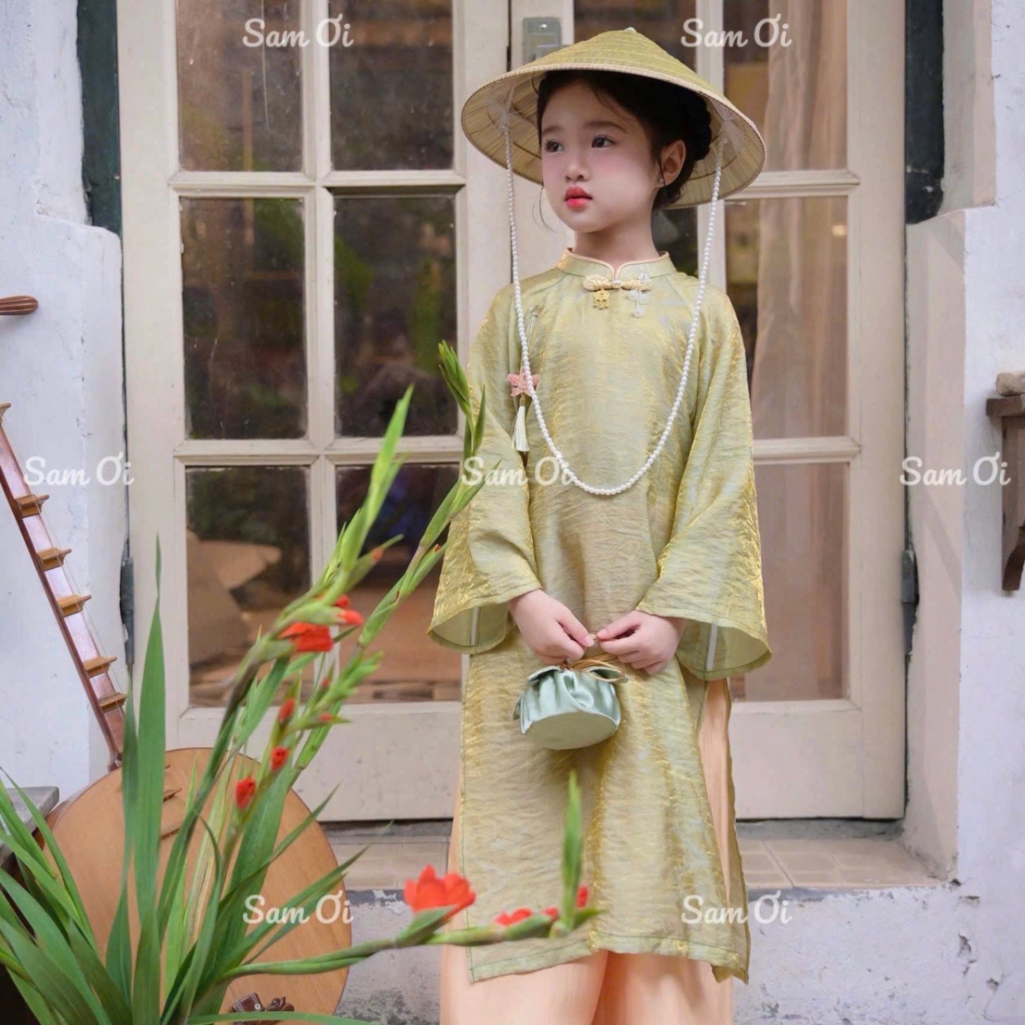 G882 - SET ÁO DÀI BÉ VÂN HOẠ TIẾT 3M KÈM MẤN