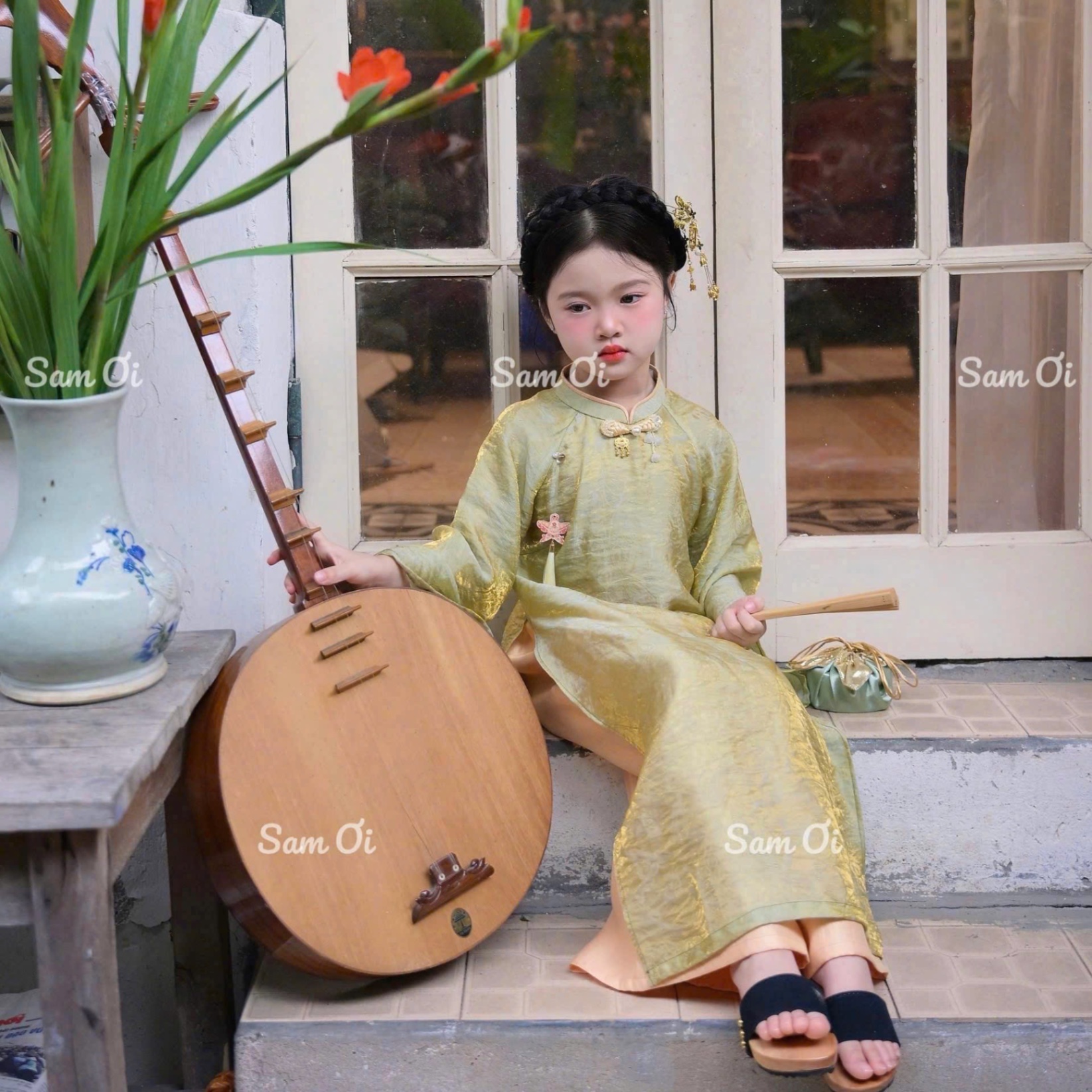 G882 - SET ÁO DÀI BÉ VÂN HOẠ TIẾT 3M KÈM MẤN