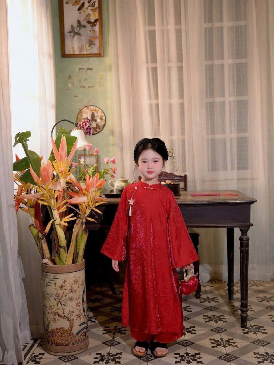 G882 - SET ÁO DÀI BÉ VÂN HOẠ TIẾT 3M KÈM MẤN