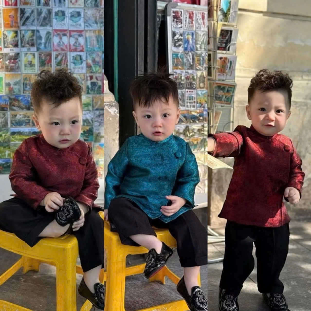 T111 - SET ÁO DÀI BÉ TRAI GẤM TÔ CHÂU QUẦN ĐEN