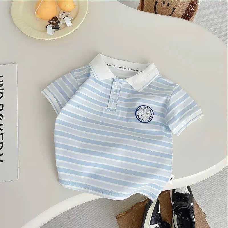 T109 - BỘ ĐÙI BÉ TRAI ÁO POLO KẺ XANH HUY HIỆU
