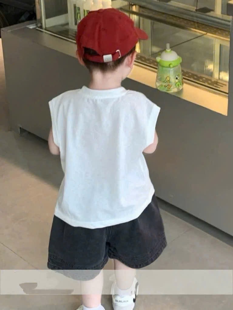 T114 - BỘ ĐÙI BÉ TRAI ÁO BA LỖ TRẮNG MICKEY MOUSE QUẦN BÒ XÁM