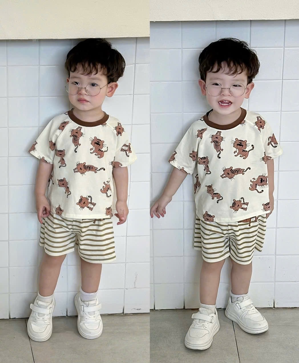 T106 - SET 2 BỘ ĐÙI BÉ TRAI IN MÈO NÂU kẻ be