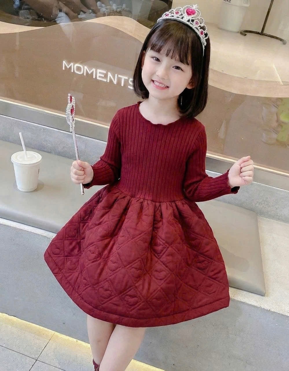 VB558 - VÁY BÉ GÁI LEN ĐỎ PHỐI PHAO TRẦN