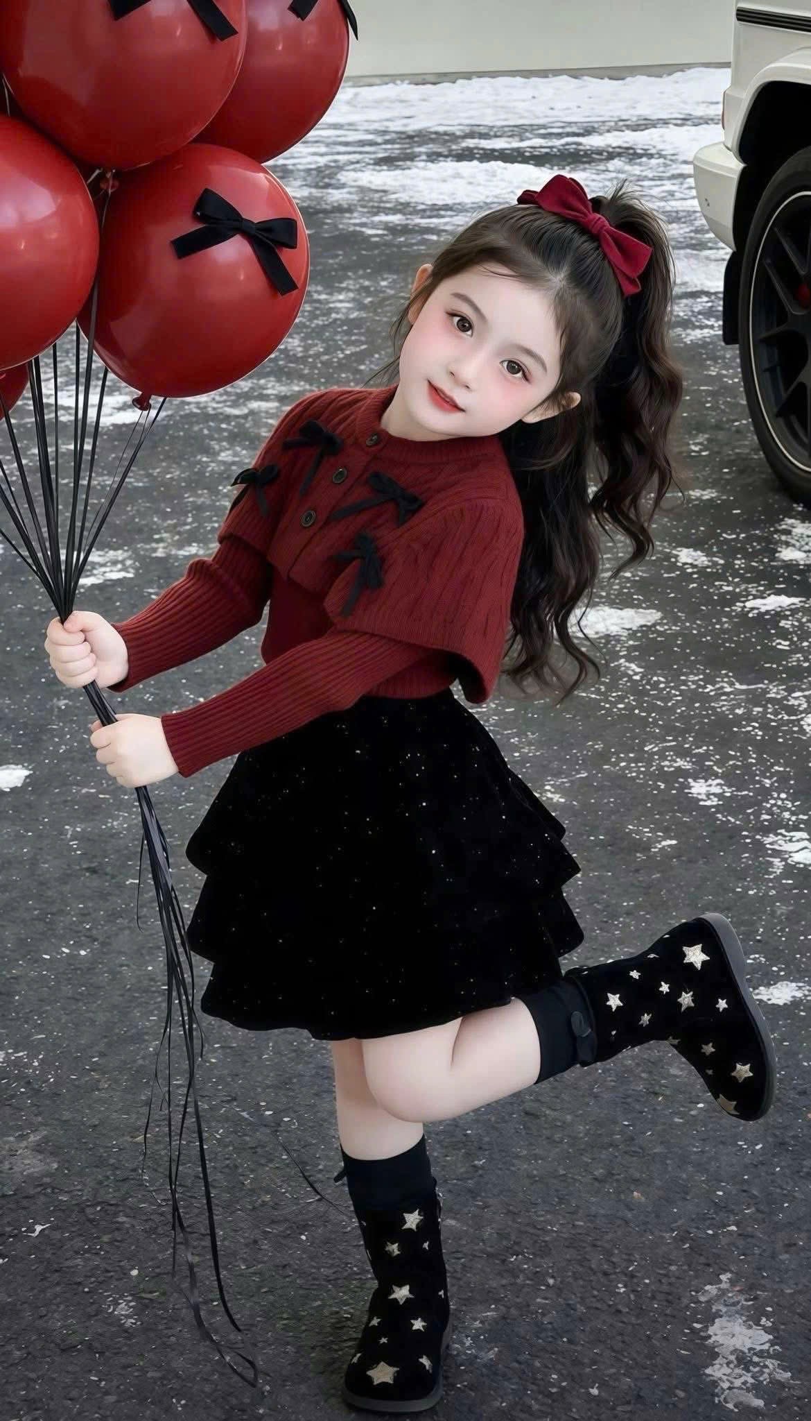 G892 - SET BÉ GÁI ÁO LEN THỪNG ĐÍNH NƠ ĐEN CVAY XOÈ