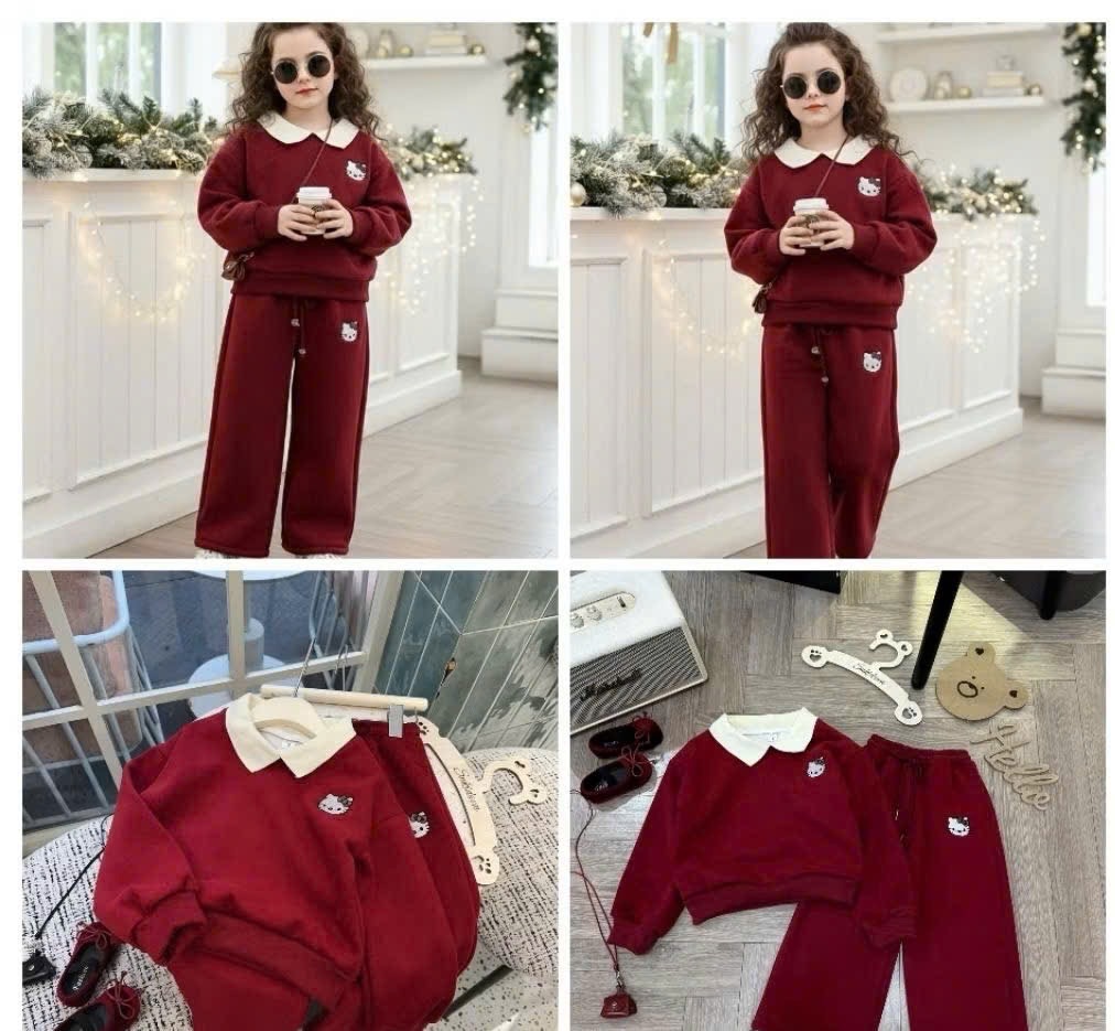 G896 - BỘ BÉ GÁI NỈ DÀY KITTY ĐỎ CỔ BE QUẦN SUÔNG