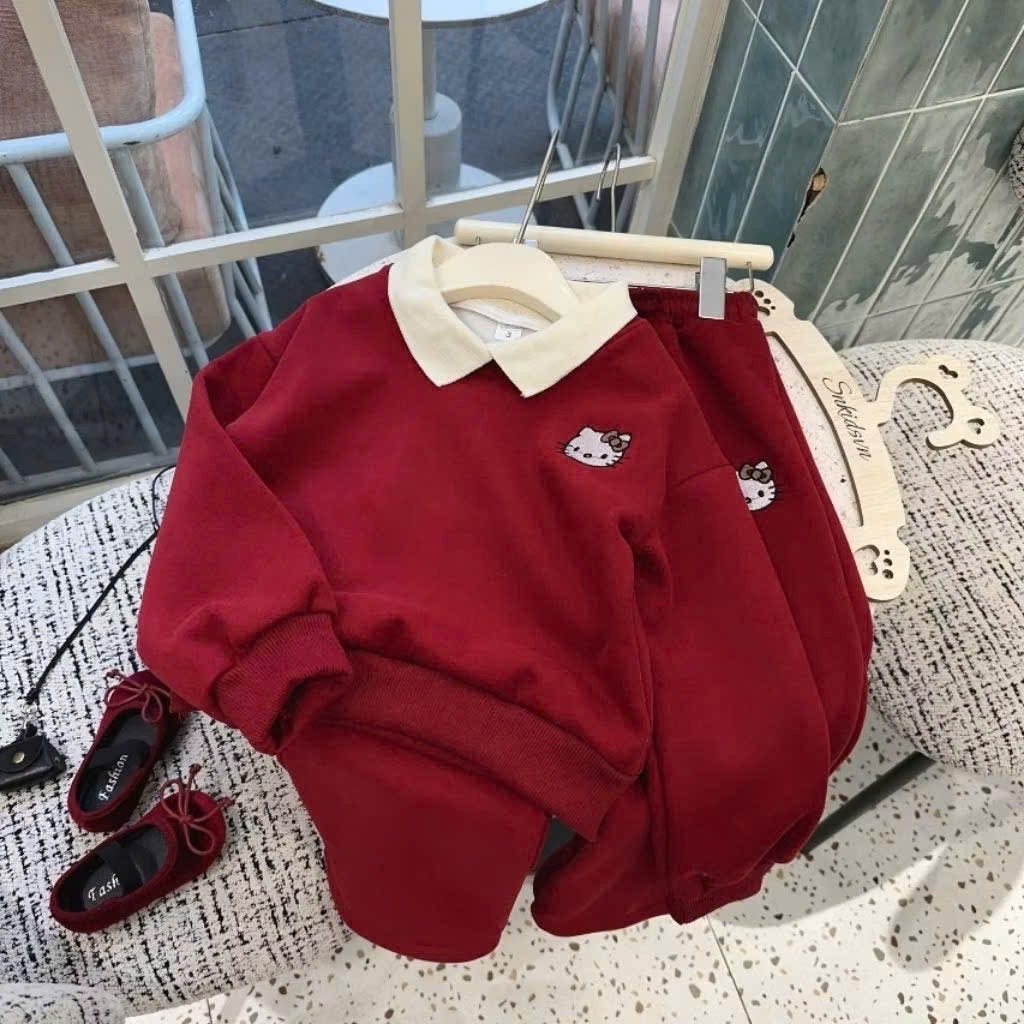 G896 - BỘ BÉ GÁI NỈ DÀY KITTY ĐỎ CỔ BE QUẦN SUÔNG
