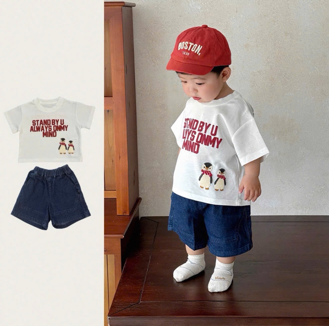T126 - BỘ ĐÙI BÉ TRAI ÁO TRẮNG CÁNH CỤT STAND QUẦN BÒ KÈM MŨ