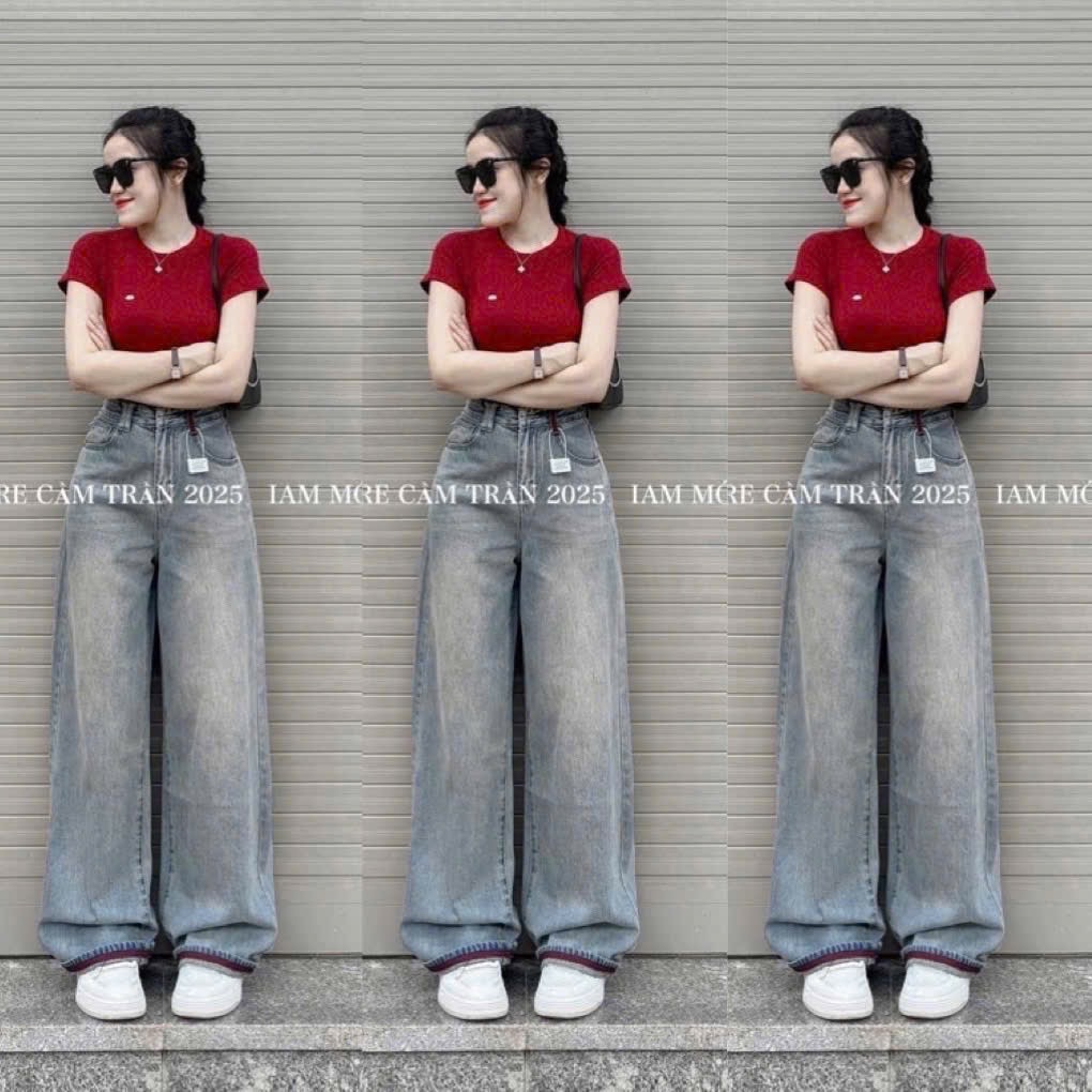 QNU666 - QUẦN JEANS SUÔNG XANH NHẠT CẠP GẤU ĐỎ