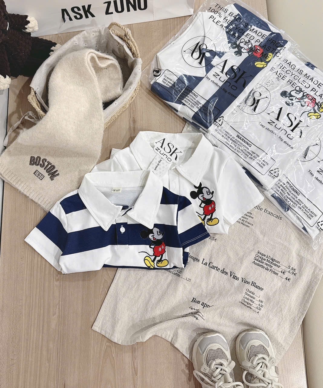 AB878 - SET 2 ÁO POLO BÉ TRAI THÊU MICKEY KẺ THAN TRẮNG