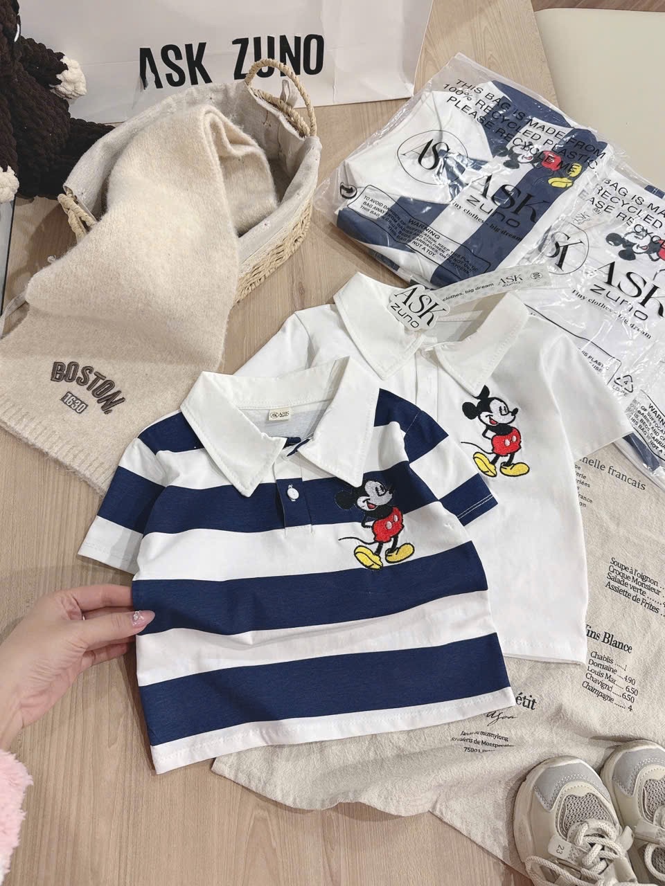 AB878 - SET 2 ÁO POLO BÉ TRAI THÊU MICKEY KẺ THAN TRẮNG