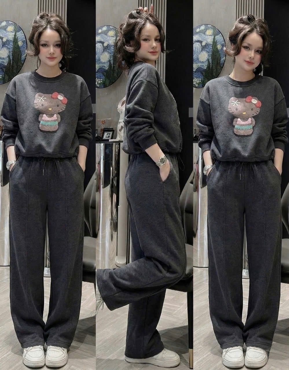 S284 - BỘ NỮ NỈ XÁM ĐẬM KITTY QUẦN SUÔNG