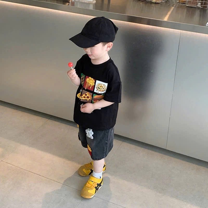 T127 - BỘ ĐÙI BÉ TRAI ÁO ĐEN IN BÁNH QUẦN BÒ