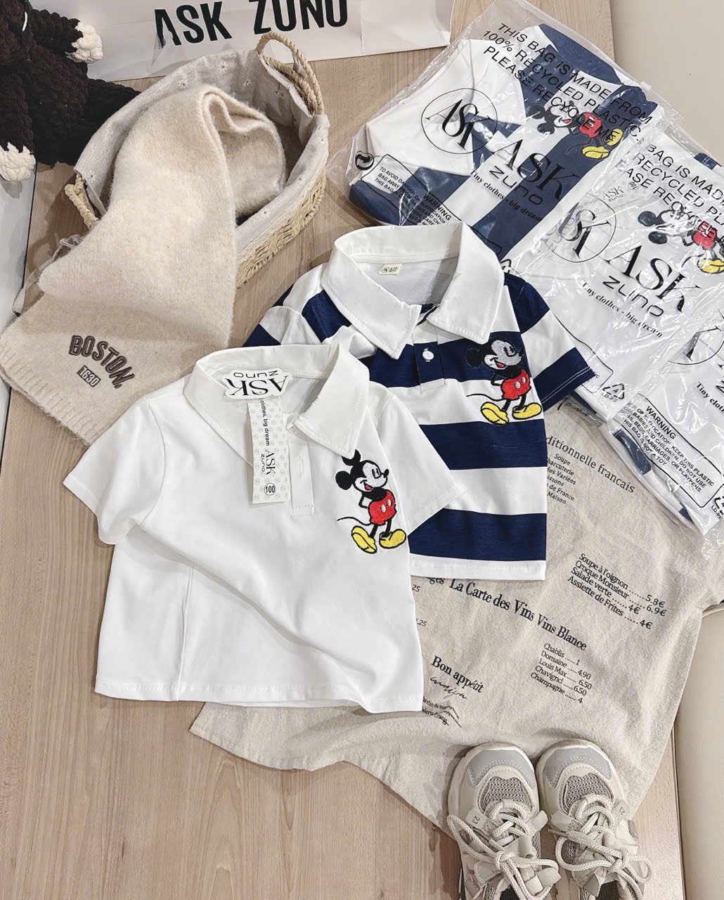 AB878 - SET 2 ÁO POLO BÉ TRAI THÊU MICKEY KẺ THAN TRẮNG