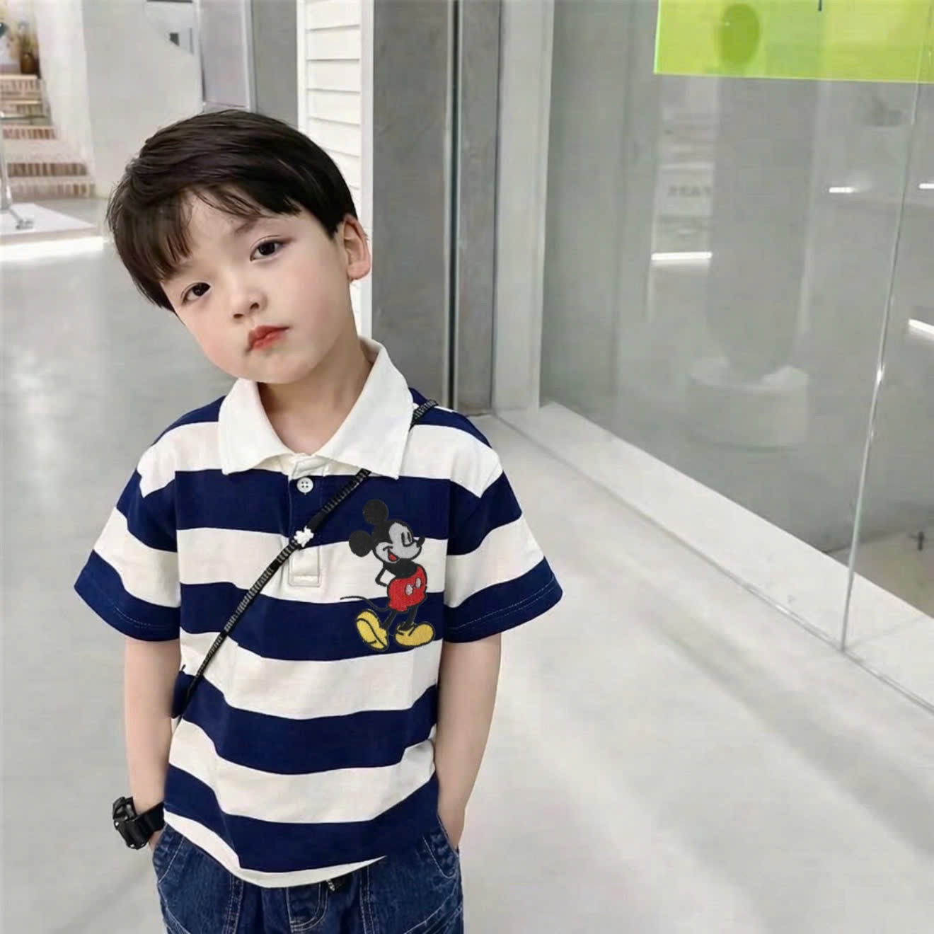 AB878 - SET 2 ÁO POLO BÉ TRAI THÊU MICKEY KẺ THAN TRẮNG