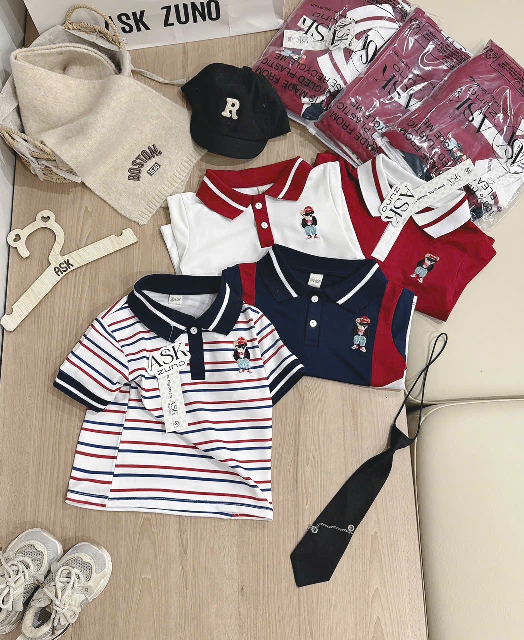 AB879 - SET 4 ÁO POLO BÉ TRAI PHỐI ĐỎ TRẮNG THÊU GẤU