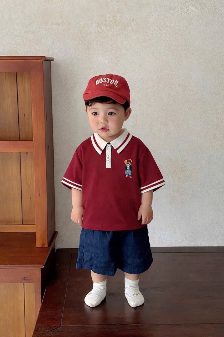AB879 - SET 4 ÁO POLO BÉ TRAI PHỐI ĐỎ TRẮNG THÊU GẤU