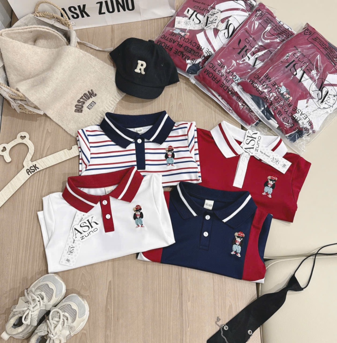 AB879 - SET 4 ÁO POLO BÉ TRAI PHỐI ĐỎ TRẮNG THÊU GẤU