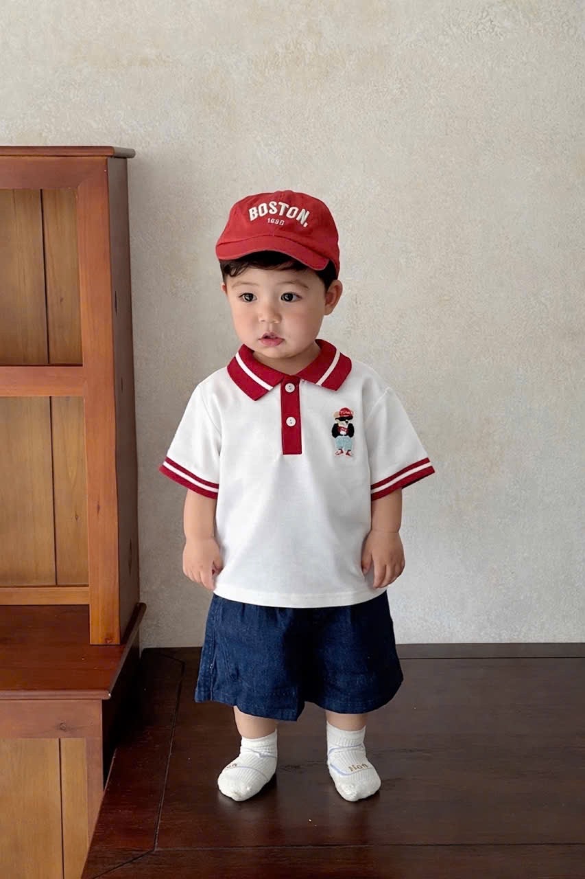 AB879 - SET 4 ÁO POLO BÉ TRAI PHỐI ĐỎ TRẮNG THÊU GẤU
