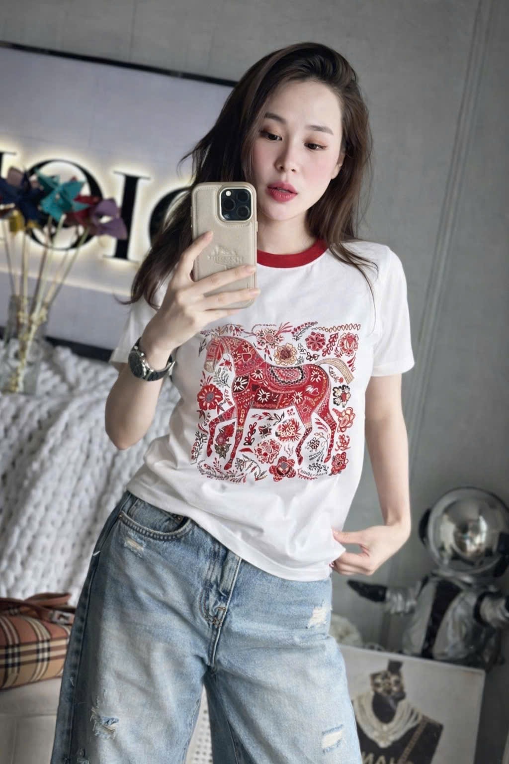 ANU349 - ÁO PHÔNG NỮ TRẮNG IN NGỰA ĐỎ THỔ CẨM