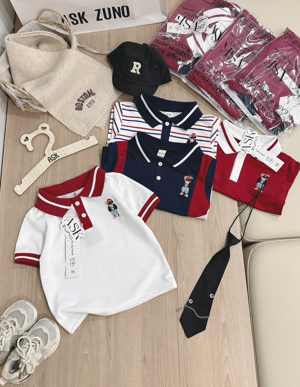AB879 - SET 4 ÁO POLO BÉ TRAI PHỐI ĐỎ TRẮNG THÊU GẤU