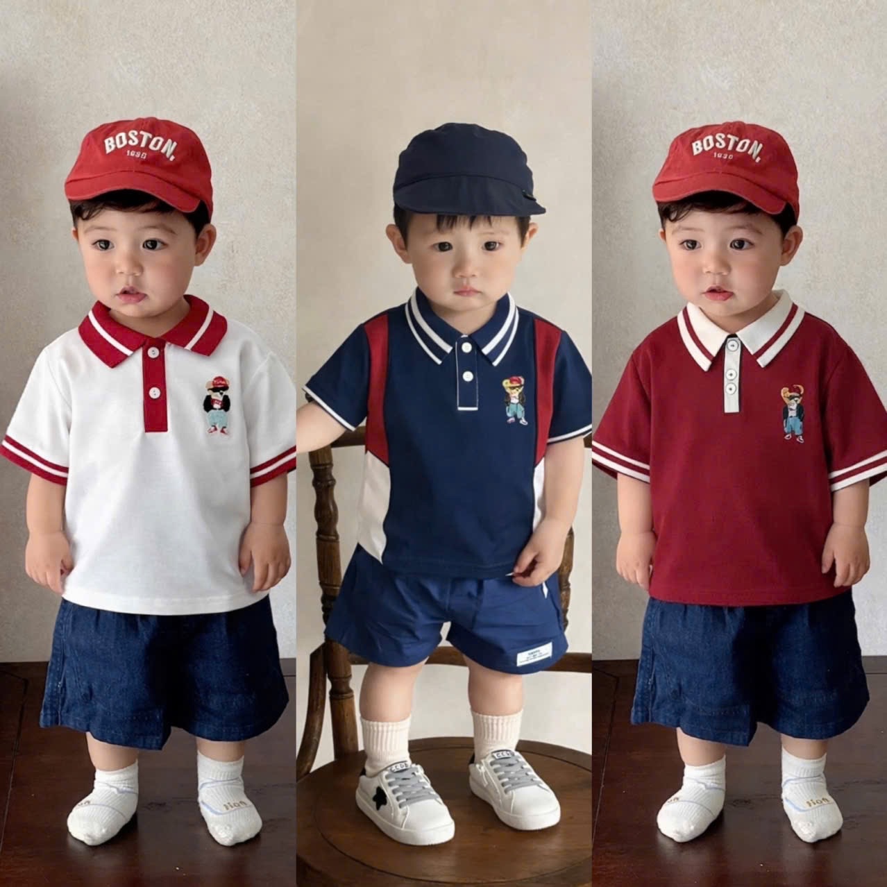 AB879 - SET 4 ÁO POLO BÉ TRAI PHỐI ĐỎ TRẮNG THÊU GẤU