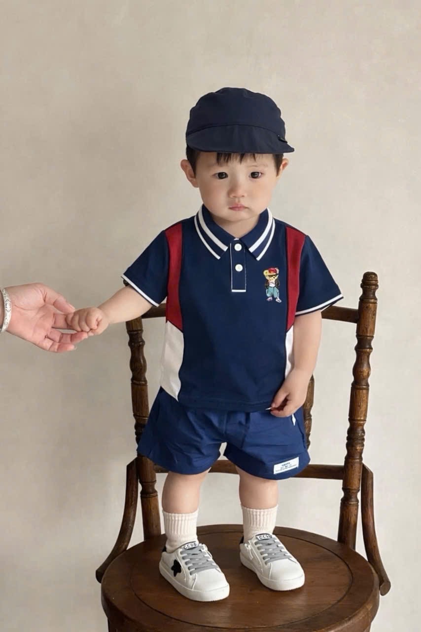 AB879 - SET 4 ÁO POLO BÉ TRAI PHỐI ĐỎ TRẮNG THÊU GẤU