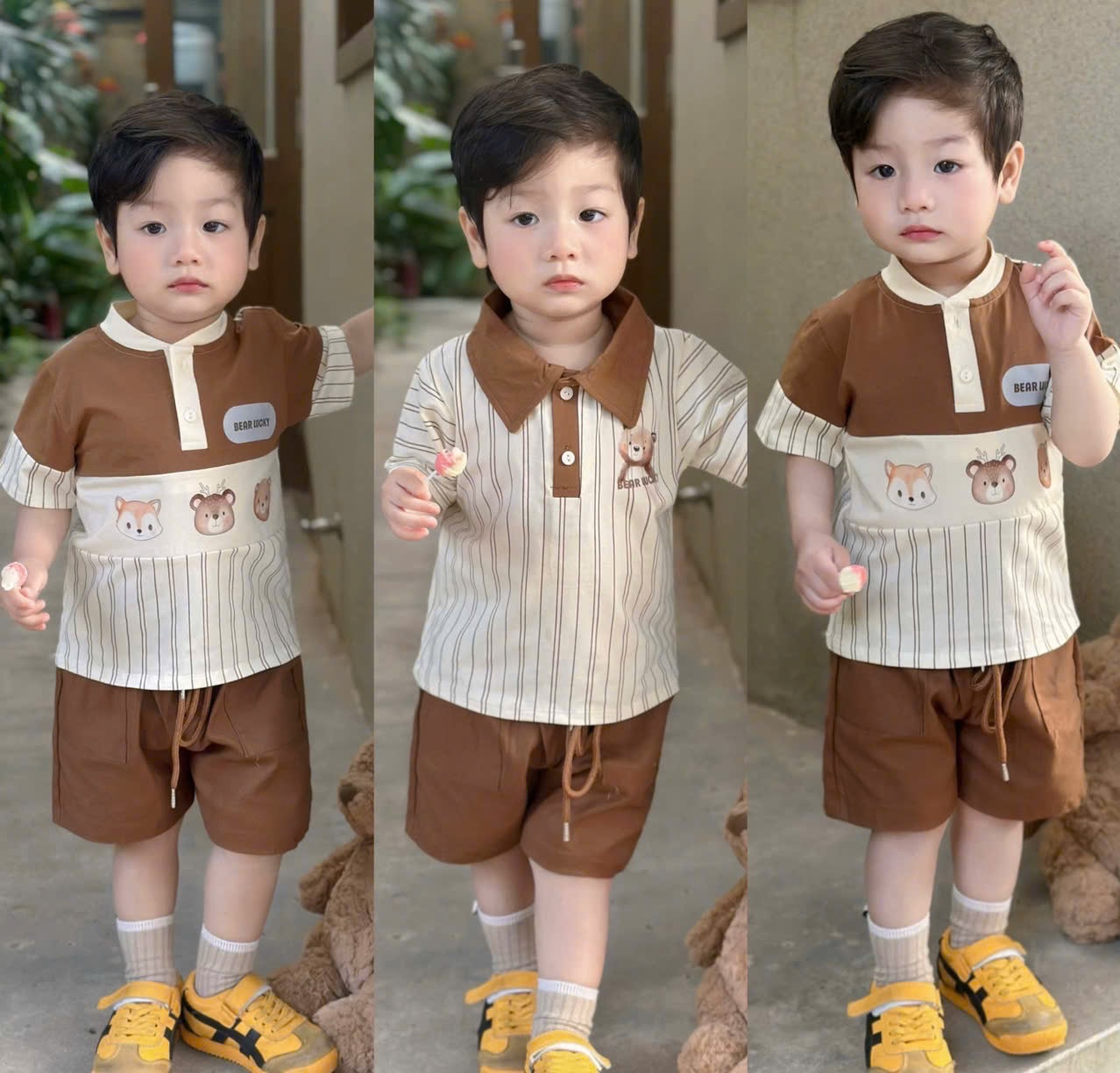 T139 - BỘ ĐÙI BÉ TRAI GẤU NÂU SỌC KÈM MŨ