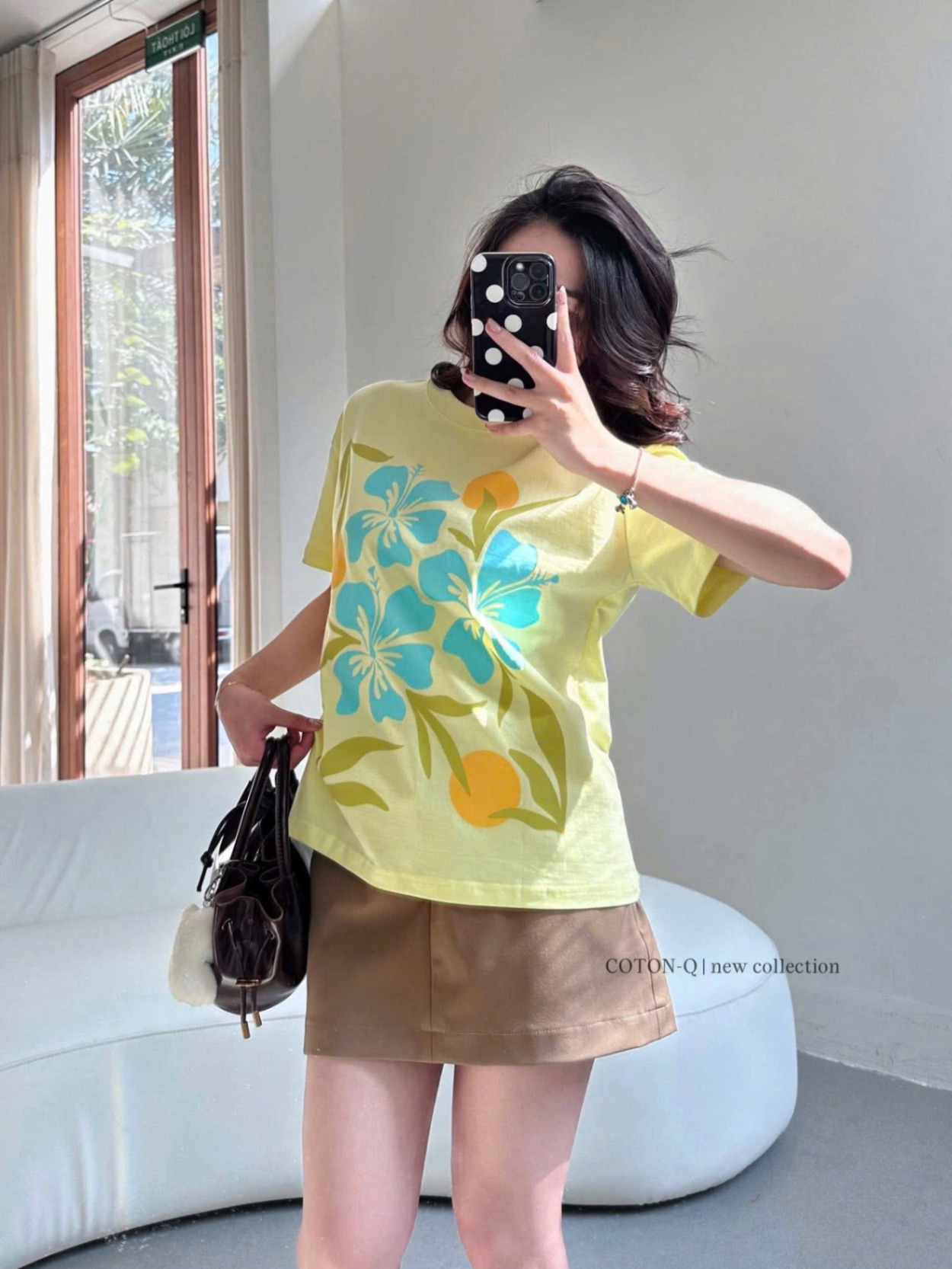 ANU350 - ÁO PHÔNG NỮ VÀNG HOA XANH