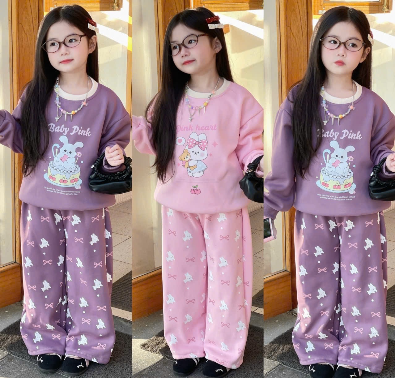 G909 - BỘ BÉ GÁI NỈ LÓT NHUNG Baby Pink QUẦN NƠ