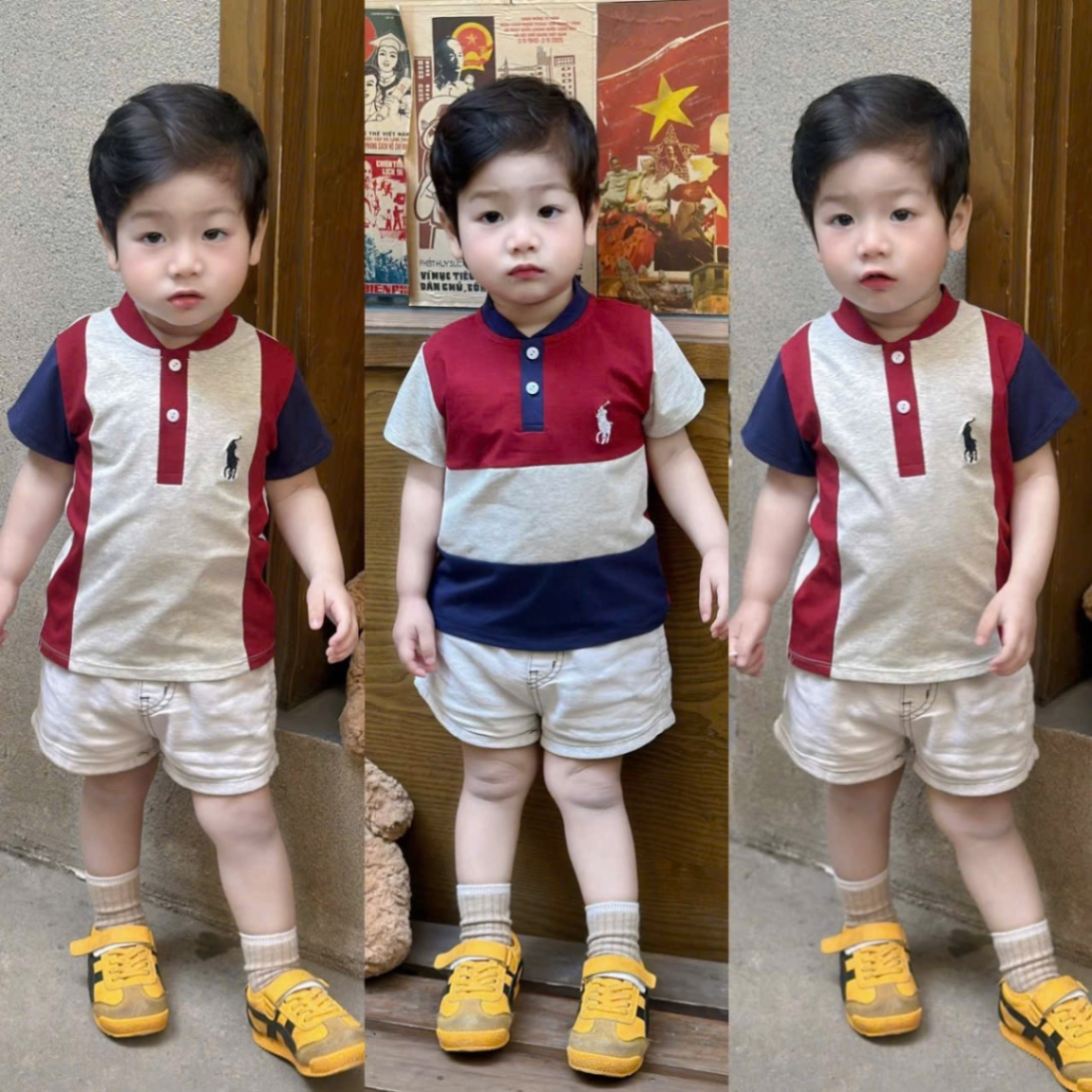 AB884 - SET 2 ÁO BÉ TRAI CỔ TÀU KỊ SĨ PHỐI ĐỎ XÁM