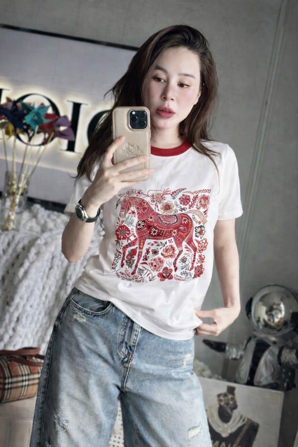 ANU349 - ÁO PHÔNG NỮ TRẮNG IN NGỰA ĐỎ THỔ CẨM