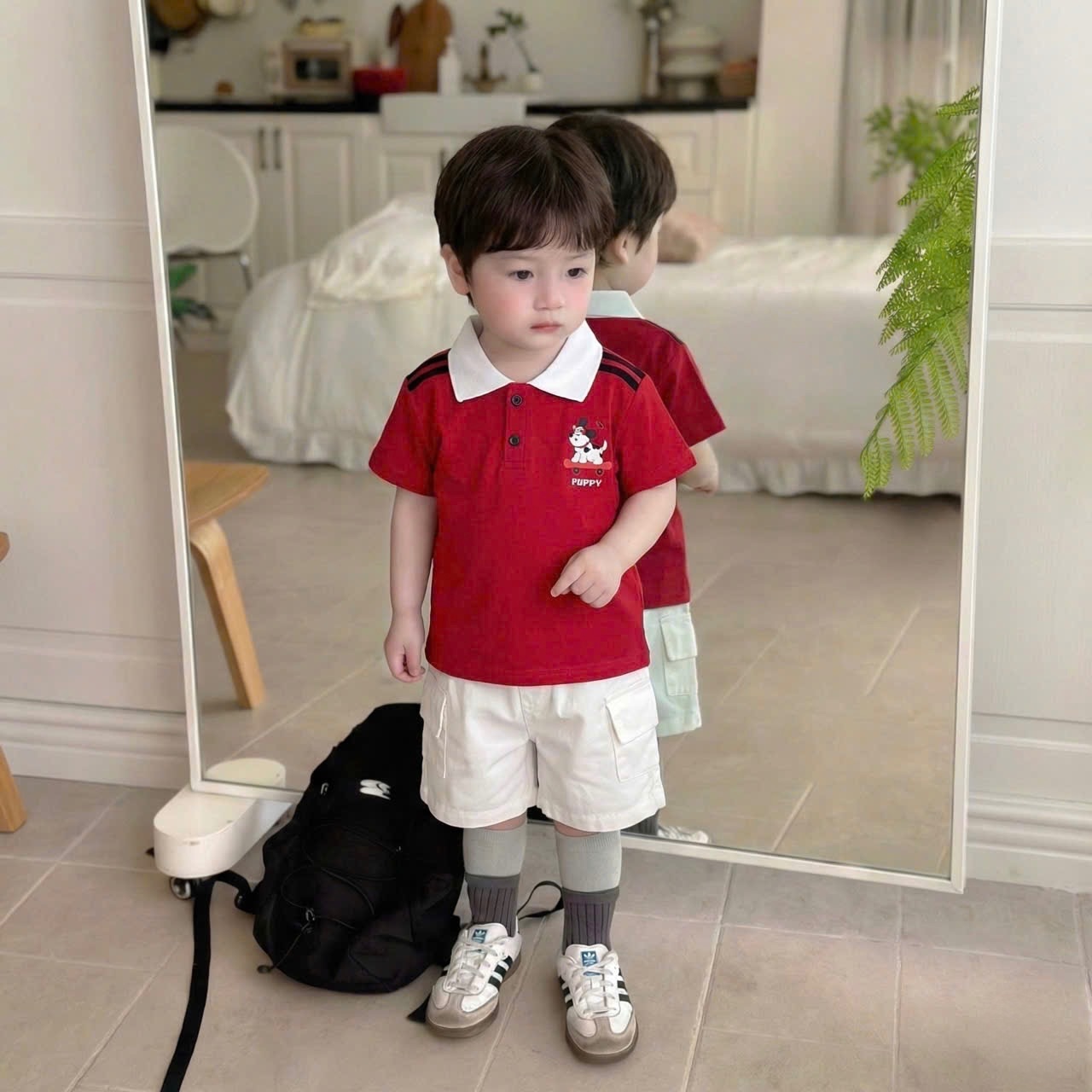 T143 - BỘ ĐÙI BÉ TRAI ÁO POLO ĐỎ CHÓ PUPPY QUẦN TRẮNG