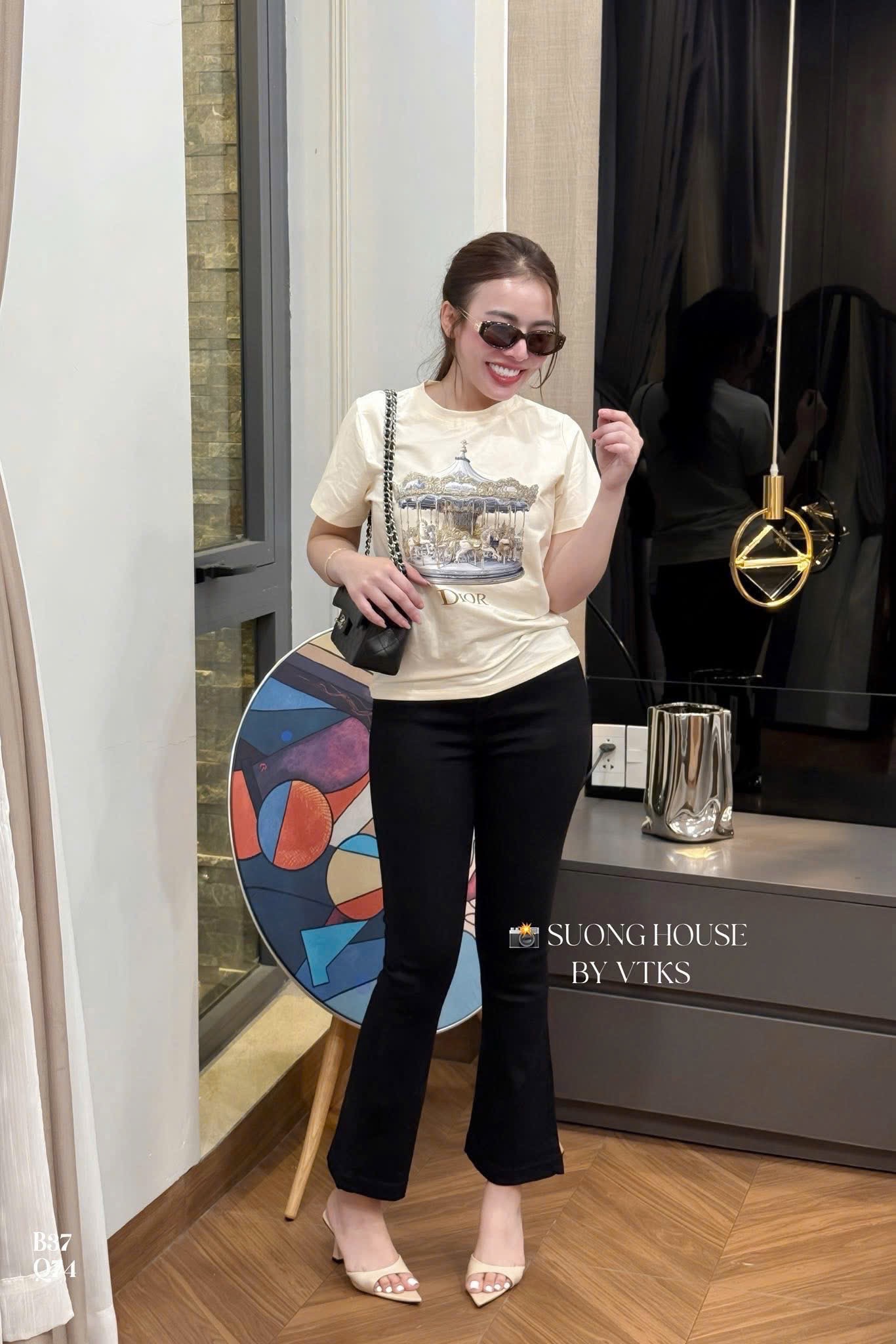 ANU351 - ÁO PHÔNG NỮ MÀU BE VÒNG QUAY DIOR