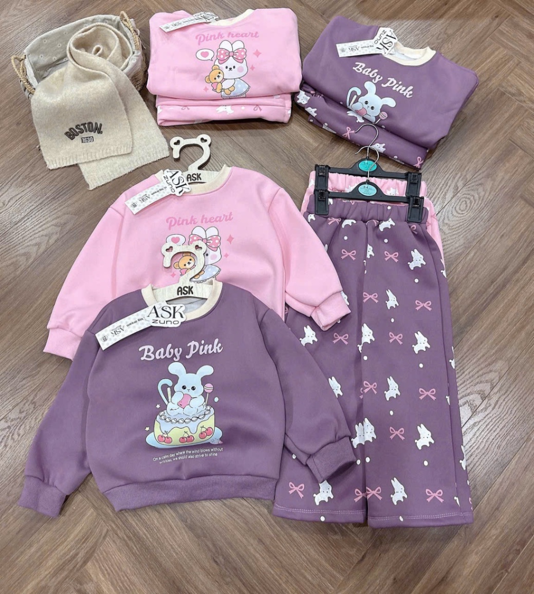 G909 - BỘ BÉ GÁI NỈ LÓT NHUNG Baby Pink QUẦN NƠ